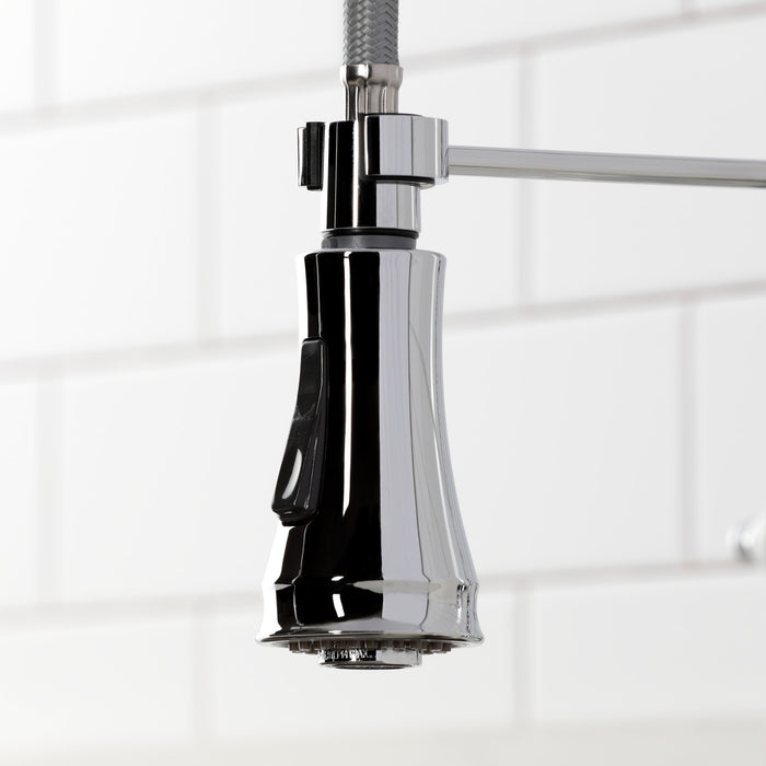 Kingston Tulare GS1271BEX - Essex Double-Handle 2-Hole Deck-Mount Pre-Rinse Bridge Kitchen Faucet, Polished Chrome