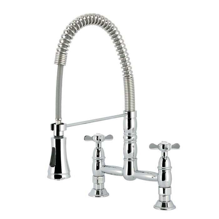 Kingston Tulare GS1271BEX - Essex Double-Handle 2-Hole Deck-Mount Pre-Rinse Bridge Kitchen Faucet, Polished Chrome