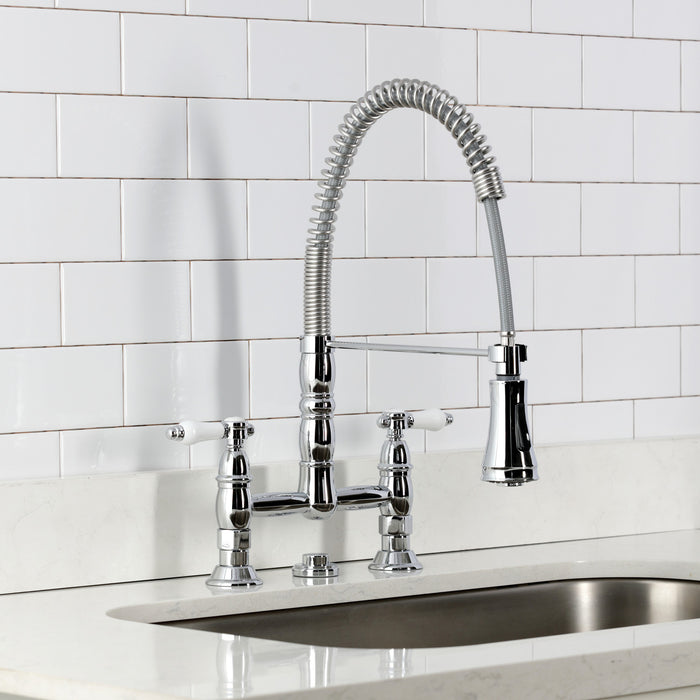 Kingston Tulare GS1271BPL - Bel-Air Double-Handle 2-Hole Deck-Mount Pre-Rinse Bridge Kitchen Faucet, Polished Chrome