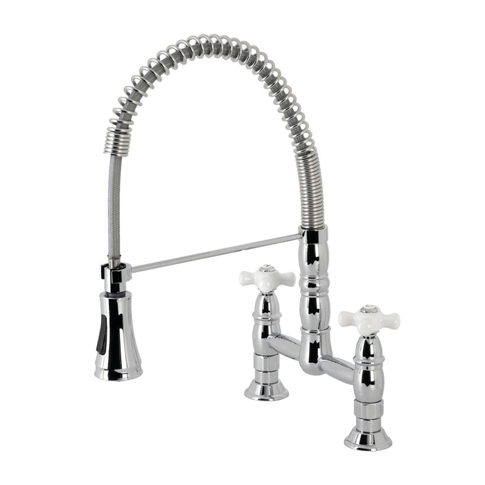 Kingston Tulare GS1271PX - Heritage Double-Handle 2-Hole Deck-Mount Pre-Rinse Bridge Kitchen Faucet, Polished Chrome