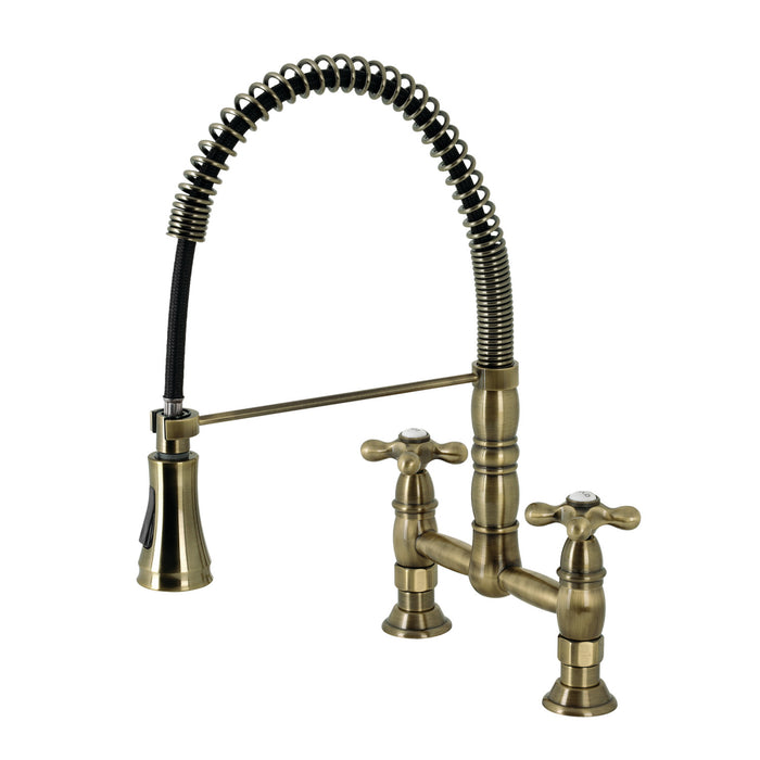 Kingston Tulare GS1273AX - Heritage Double-Handle 2-Hole Deck-Mount Pre-Rinse Bridge Kitchen Faucet, Antique Brass