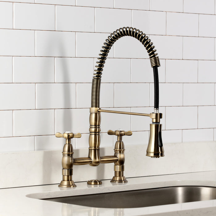 Kingston Tulare GS1273BEX - Essex Double-Handle 2-Hole Deck-Mount Pre-Rinse Bridge Kitchen Faucet, Antique Brass