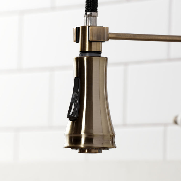 Kingston Tulare GS1273BEX - Essex Double-Handle 2-Hole Deck-Mount Pre-Rinse Bridge Kitchen Faucet, Antique Brass