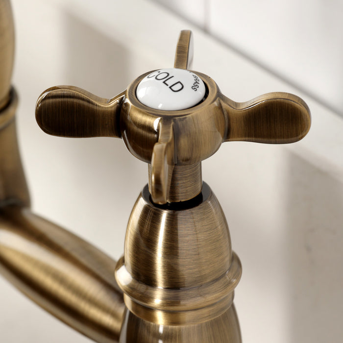 Kingston Tulare GS1273BEX - Essex Double-Handle 2-Hole Deck-Mount Pre-Rinse Bridge Kitchen Faucet, Antique Brass