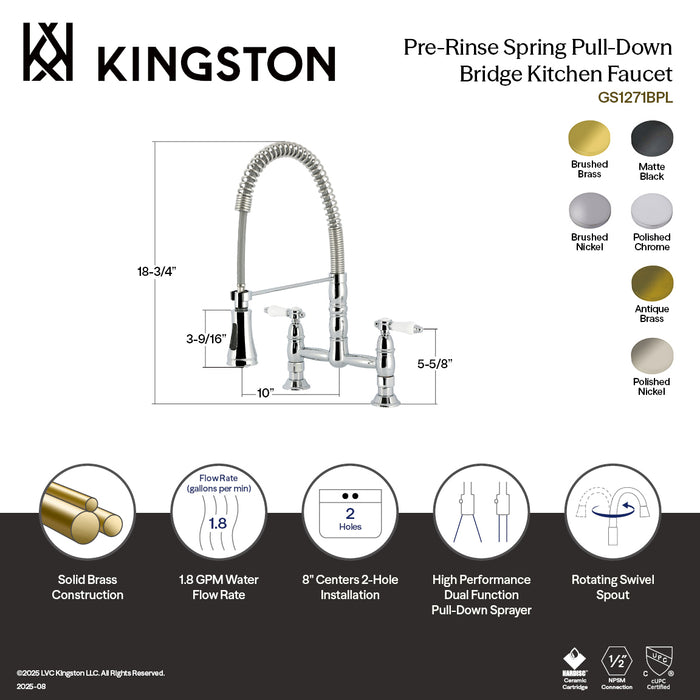 Kingston Tulare GS1273BPL - Bel-Air Double-Handle 2-Hole Deck-Mount Pre-Rinse Bridge Kitchen Faucet, Antique Brass
