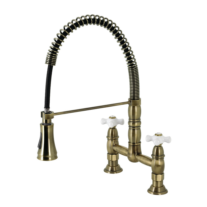 Kingston Tulare GS1273PX - Heritage Double-Handle 2-Hole Deck-Mount Pre-Rinse Bridge Kitchen Faucet, Antique Brass