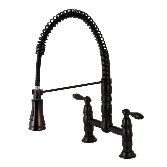 Kingston Tulare GS1275AL - Heritage Double-Handle 2-Hole Deck-Mount Pre-Rinse Bridge Kitchen Faucet, Oil Rubbed Bronze