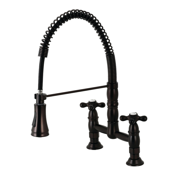 Kingston Tulare GS1275AX - Heritage Double-Handle 2-Hole Deck-Mount Pre-Rinse Bridge Kitchen Faucet, Oil Rubbed Bronze
