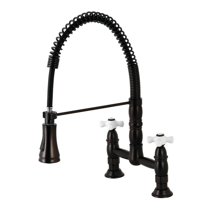 Kingston Tulare GS1275PX - Heritage Double-Handle 2-Hole Deck-Mount Pre-Rinse Bridge Kitchen Faucet, Oil Rubbed Bronze