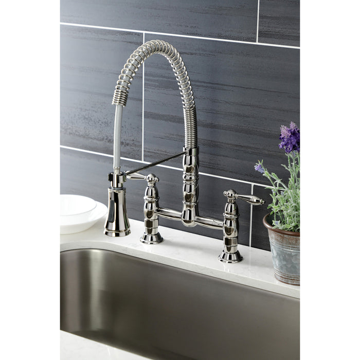 Kingston Tulare GS1276AL - Heritage Double-Handle 2-Hole Deck-Mount Pre-Rinse Bridge Kitchen Faucet, Polished Nickel