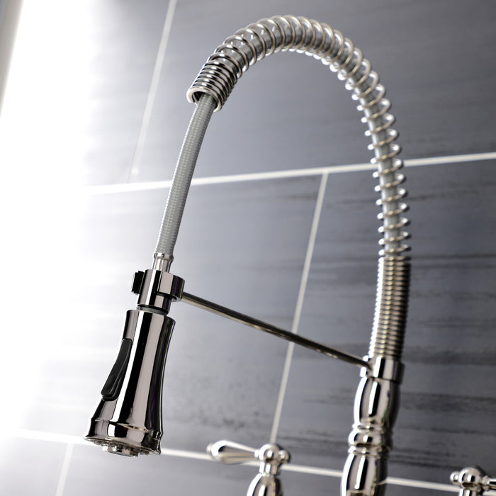 Kingston Tulare GS1276AL - Heritage Double-Handle 2-Hole Deck-Mount Pre-Rinse Bridge Kitchen Faucet, Polished Nickel