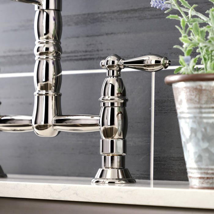 Kingston Tulare GS1276AL - Heritage Double-Handle 2-Hole Deck-Mount Pre-Rinse Bridge Kitchen Faucet, Polished Nickel