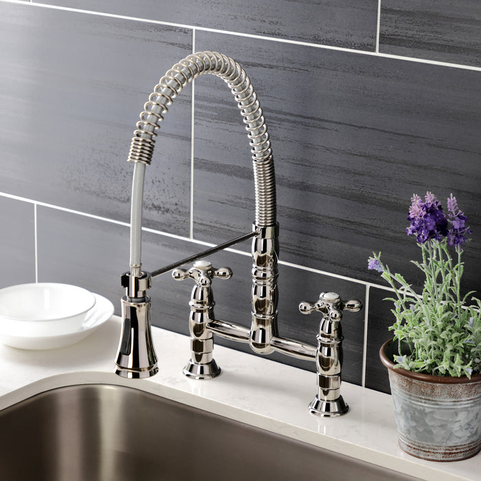 Kingston Tulare GS1276AX - Heritage Double-Handle 2-Hole Deck-Mount Pre-Rinse Bridge Kitchen Faucet, Polished Nickel