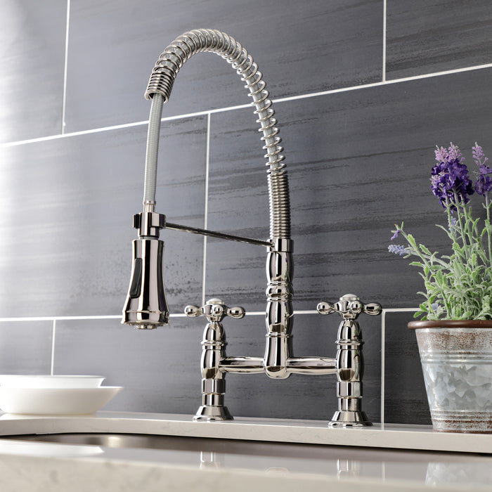 Kingston Tulare GS1276AX - Heritage Double-Handle 2-Hole Deck-Mount Pre-Rinse Bridge Kitchen Faucet, Polished Nickel