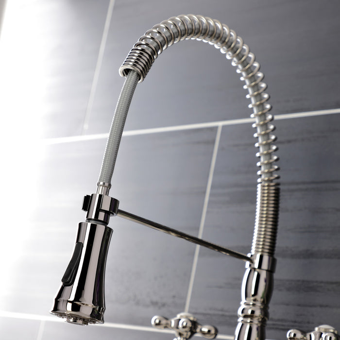 Kingston Tulare GS1276AX - Heritage Double-Handle 2-Hole Deck-Mount Pre-Rinse Bridge Kitchen Faucet, Polished Nickel