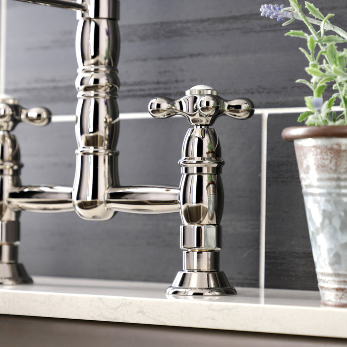 Kingston Tulare GS1276AX - Heritage Double-Handle 2-Hole Deck-Mount Pre-Rinse Bridge Kitchen Faucet, Polished Nickel
