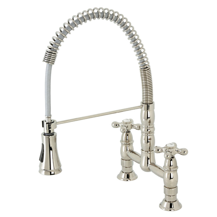 Kingston Tulare GS1276AX - Heritage Double-Handle 2-Hole Deck-Mount Pre-Rinse Bridge Kitchen Faucet, Polished Nickel