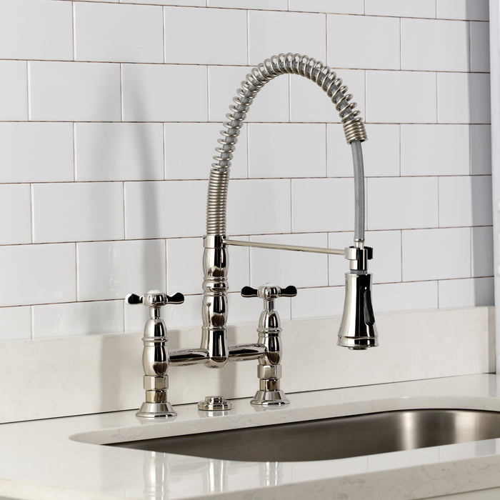 Kingston Tulare GS1276BEX - Essex Double-Handle 2-Hole Deck-Mount Pre-Rinse Bridge Kitchen Faucet, Polished Nickel