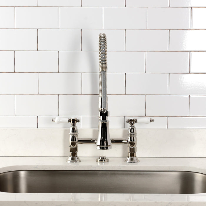 Kingston Tulare GS1276BPL - Bel-Air Double-Handle 2-Hole Deck-Mount Pre-Rinse Bridge Kitchen Faucet, Polished Nickel