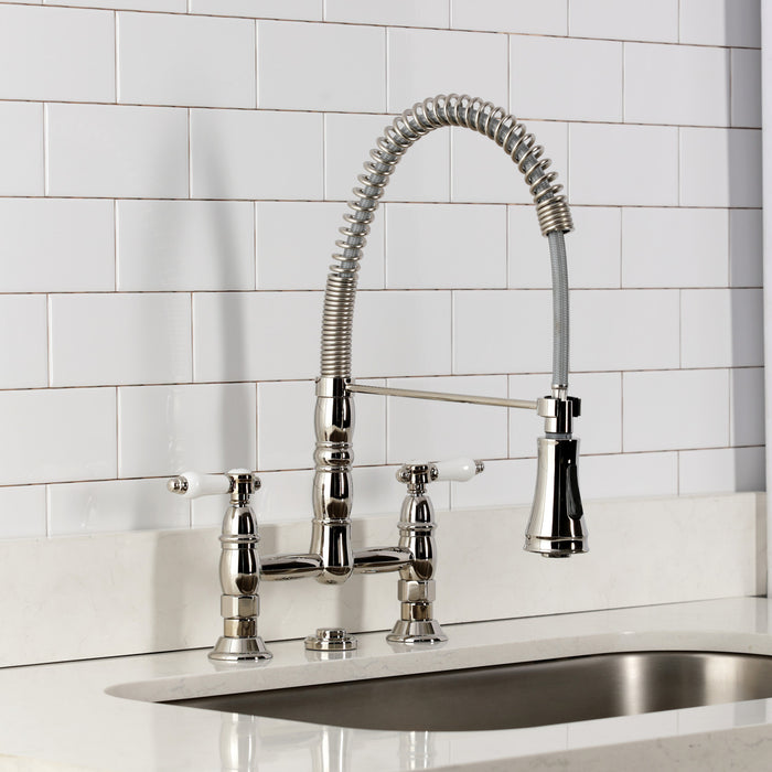 Kingston Tulare GS1276BPL - Bel-Air Double-Handle 2-Hole Deck-Mount Pre-Rinse Bridge Kitchen Faucet, Polished Nickel