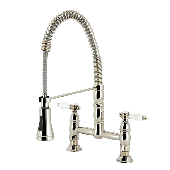 Kingston Tulare GS1276BPL - Bel-Air Double-Handle 2-Hole Deck-Mount Pre-Rinse Bridge Kitchen Faucet, Polished Nickel
