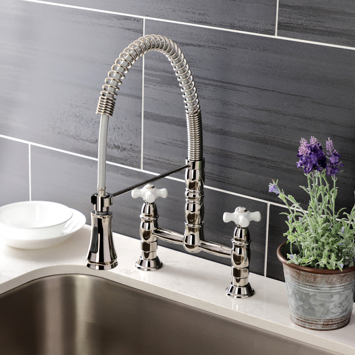 Kingston Tulare GS1276PX - Heritage Double-Handle 2-Hole Deck-Mount Pre-Rinse Bridge Kitchen Faucet, Polished Nickel
