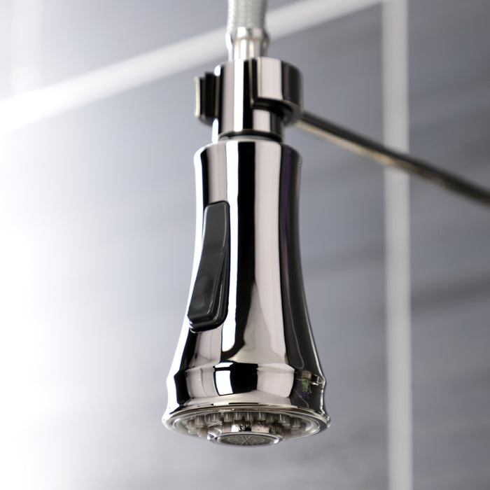 Kingston Tulare GS1276PX - Heritage Double-Handle 2-Hole Deck-Mount Pre-Rinse Bridge Kitchen Faucet, Polished Nickel