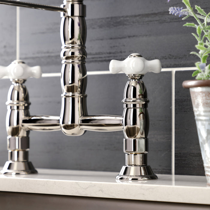 Kingston Tulare GS1276PX - Heritage Double-Handle 2-Hole Deck-Mount Pre-Rinse Bridge Kitchen Faucet, Polished Nickel