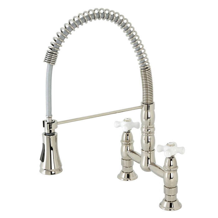 Kingston Tulare GS1276PX - Heritage Double-Handle 2-Hole Deck-Mount Pre-Rinse Bridge Kitchen Faucet, Polished Nickel
