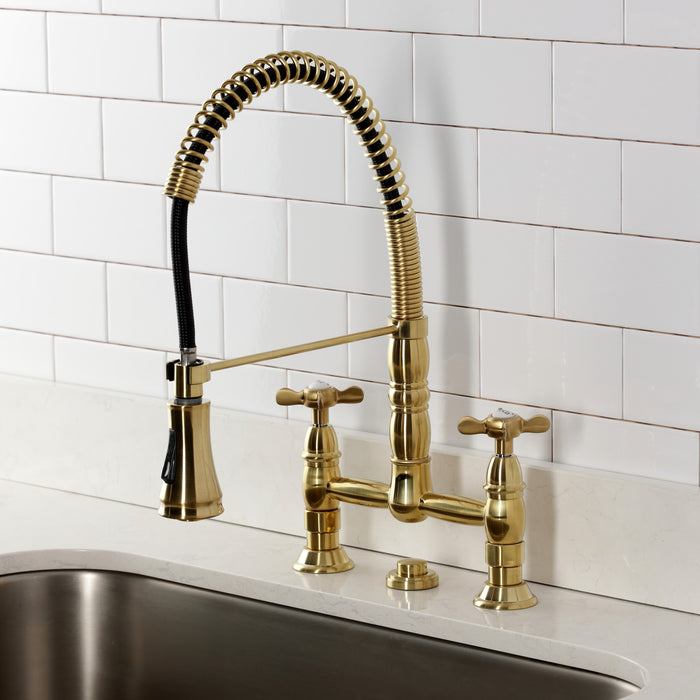 Kingston Tulare GS1277BEX - Essex Double-Handle 2-Hole Deck-Mount Pre-Rinse Bridge Kitchen Faucet, Brushed Brass