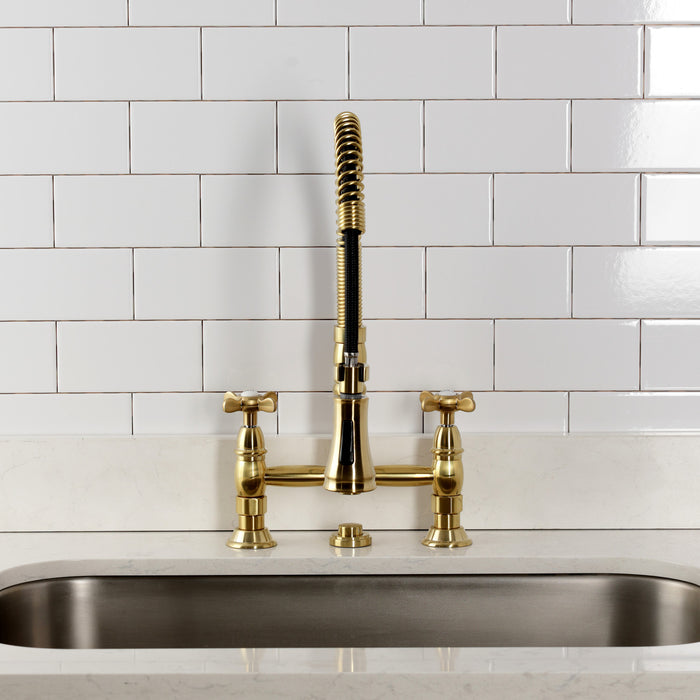 Kingston Tulare GS1277BEX - Essex Double-Handle 2-Hole Deck-Mount Pre-Rinse Bridge Kitchen Faucet, Brushed Brass