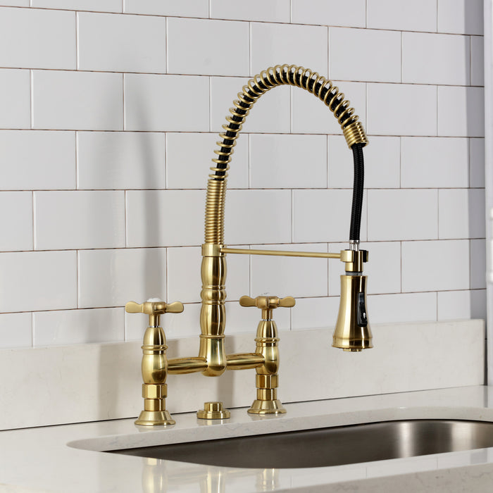 Kingston Tulare GS1277BEX - Essex Double-Handle 2-Hole Deck-Mount Pre-Rinse Bridge Kitchen Faucet, Brushed Brass