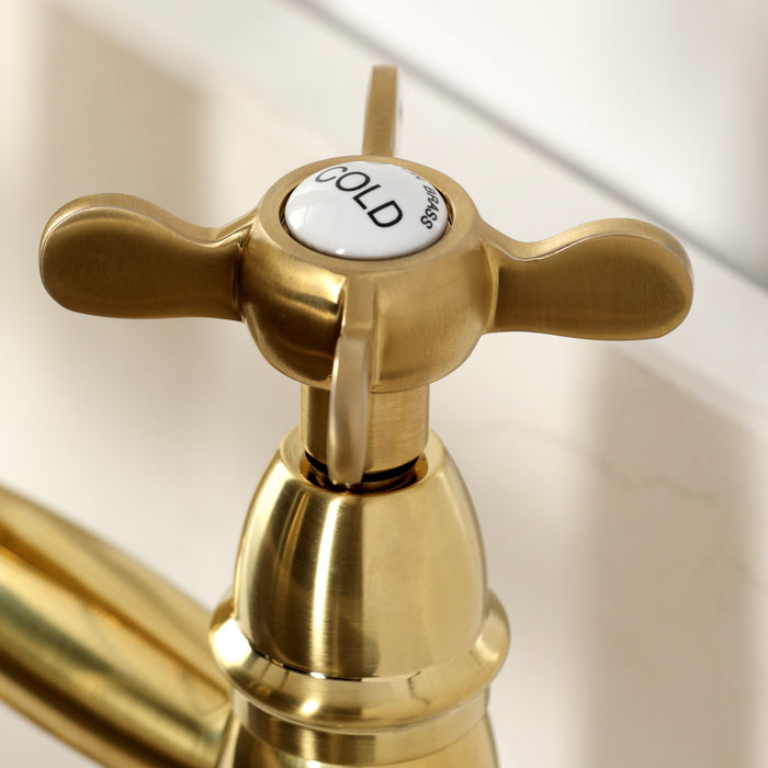 Kingston Tulare GS1277BEX - Essex Double-Handle 2-Hole Deck-Mount Pre-Rinse Bridge Kitchen Faucet, Brushed Brass