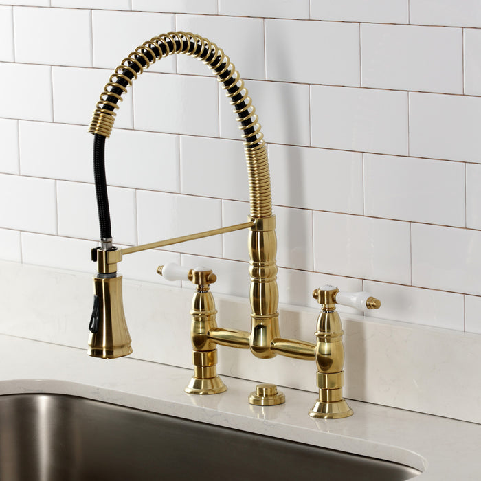 Kingston Tulare GS1277BPL - Bel-Air Double-Handle 2-Hole Deck-Mount Pre-Rinse Bridge Kitchen Faucet, Brushed Brass