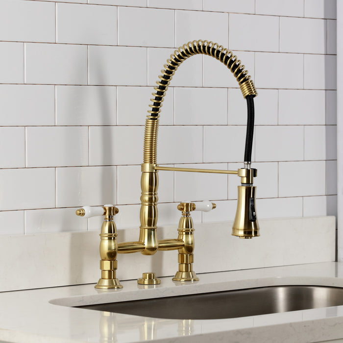 Kingston Tulare GS1277BPL - Bel-Air Double-Handle 2-Hole Deck-Mount Pre-Rinse Bridge Kitchen Faucet, Brushed Brass