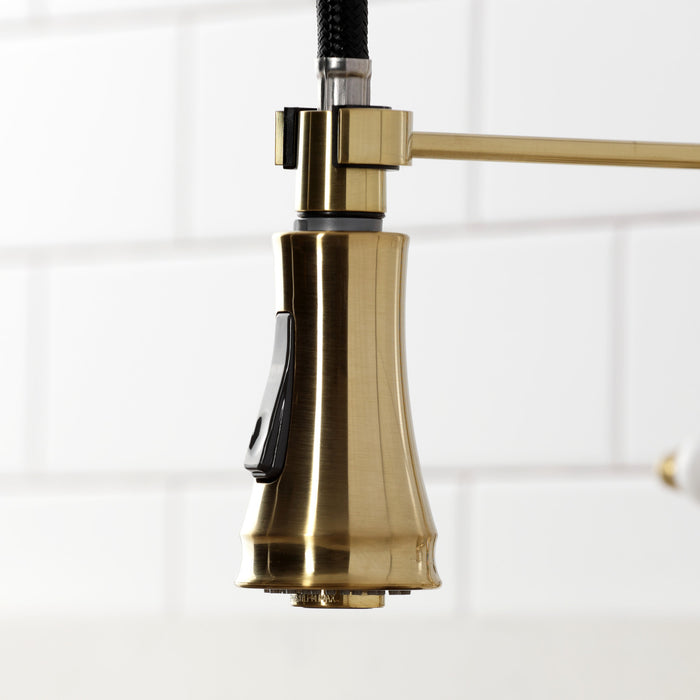 Kingston Tulare GS1277BPL - Bel-Air Double-Handle 2-Hole Deck-Mount Pre-Rinse Bridge Kitchen Faucet, Brushed Brass