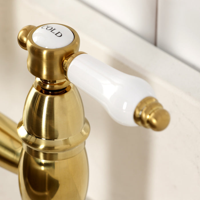Kingston Tulare GS1277BPL - Bel-Air Double-Handle 2-Hole Deck-Mount Pre-Rinse Bridge Kitchen Faucet, Brushed Brass