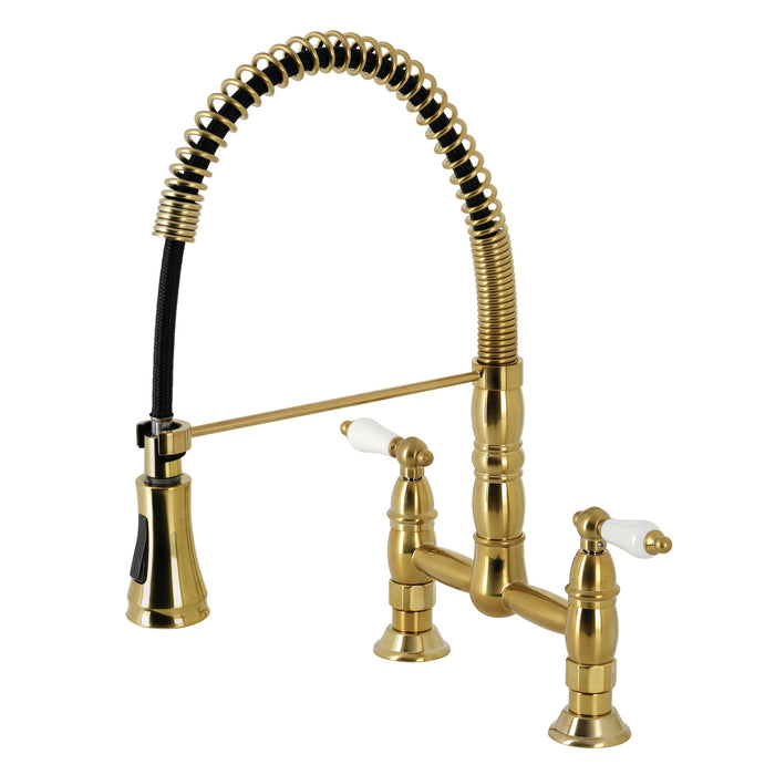 Kingston Tulare GS1277PL - Heritage Double-Handle 2-Hole Deck-Mount Pre-Rinse Bridge Kitchen Faucet, Brushed Brass