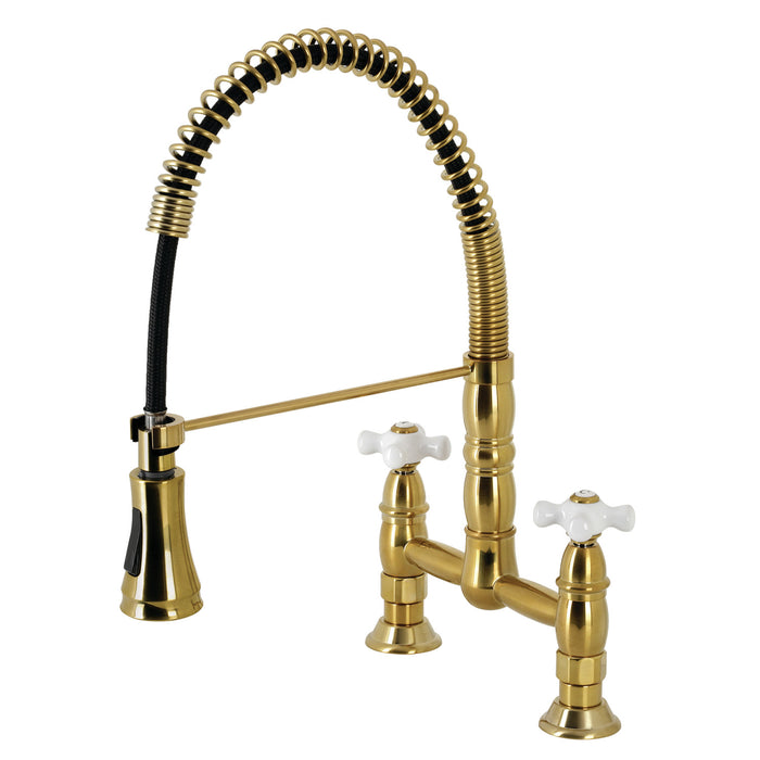 Kingston Tulare GS1277PX - Heritage Double-Handle 2-Hole Deck-Mount Pre-Rinse Bridge Kitchen Faucet, Brushed Brass