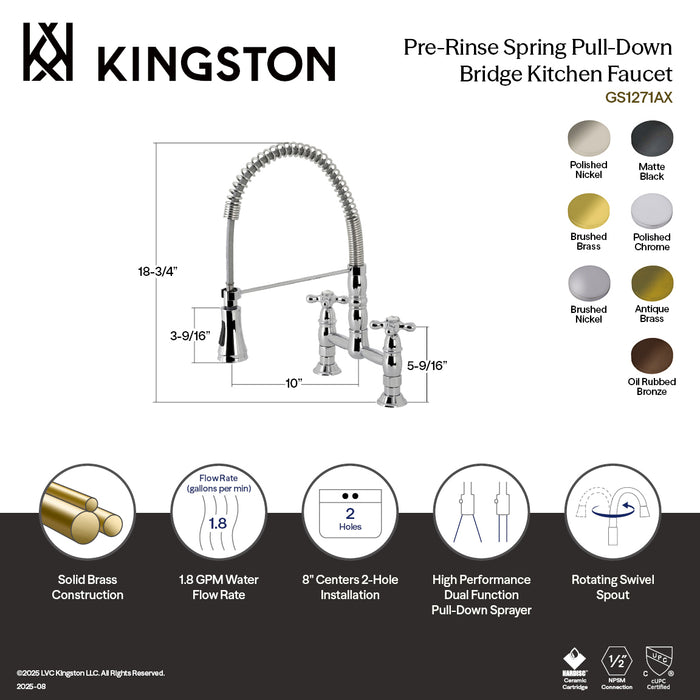 Kingston Tulare GS1278AX - Heritage Double-Handle 2-Hole Deck-Mount Pre-Rinse Bridge Kitchen Faucet, Brushed Nickel