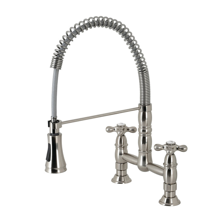 Kingston Tulare GS1278AX - Heritage Double-Handle 2-Hole Deck-Mount Pre-Rinse Bridge Kitchen Faucet, Brushed Nickel
