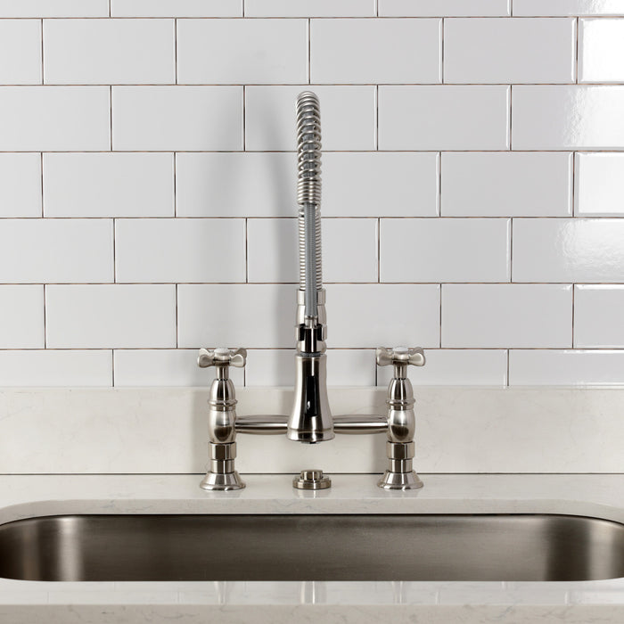 Kingston Tulare GS1278BEX - Essex Double-Handle 2-Hole Deck-Mount Pre-Rinse Bridge Kitchen Faucet, Brushed Nickel