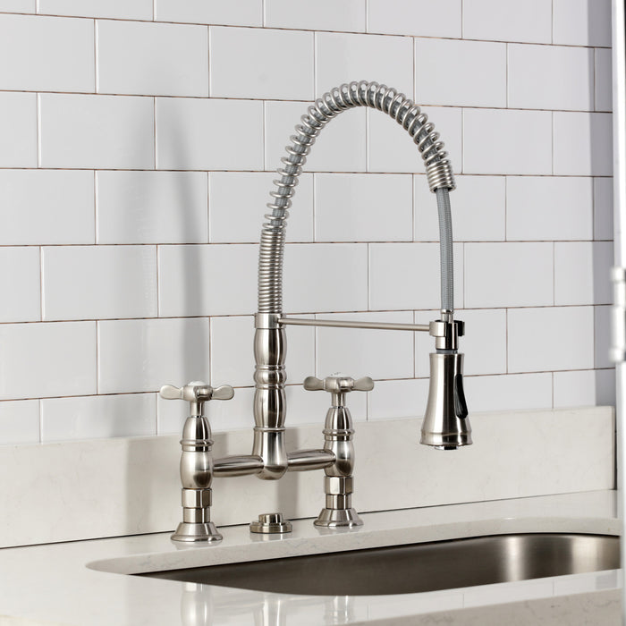 Kingston Tulare GS1278BEX - Essex Double-Handle 2-Hole Deck-Mount Pre-Rinse Bridge Kitchen Faucet, Brushed Nickel