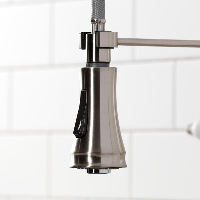 Kingston Tulare GS1278BEX - Essex Double-Handle 2-Hole Deck-Mount Pre-Rinse Bridge Kitchen Faucet, Brushed Nickel