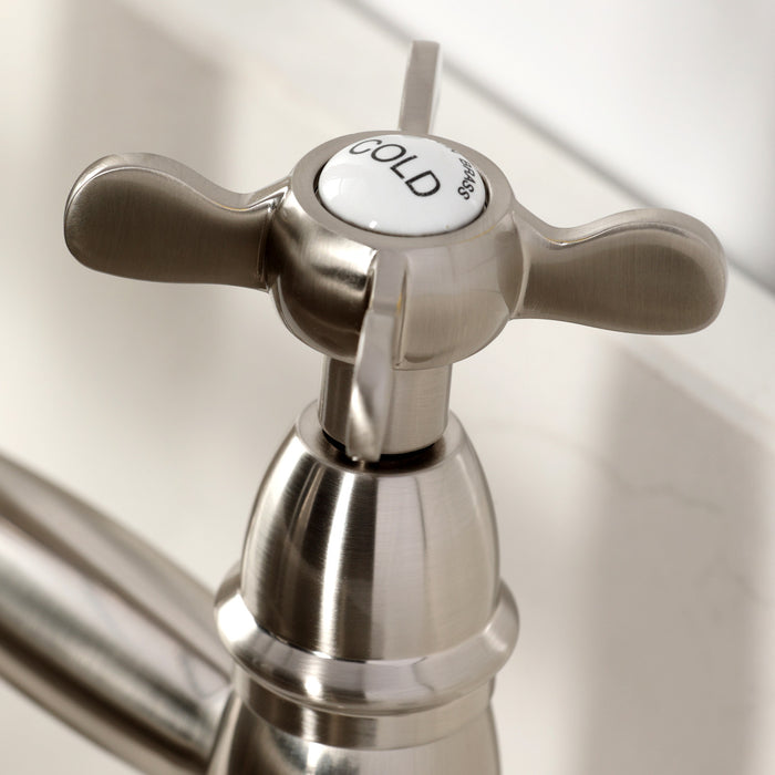 Kingston Tulare GS1278BEX - Essex Double-Handle 2-Hole Deck-Mount Pre-Rinse Bridge Kitchen Faucet, Brushed Nickel