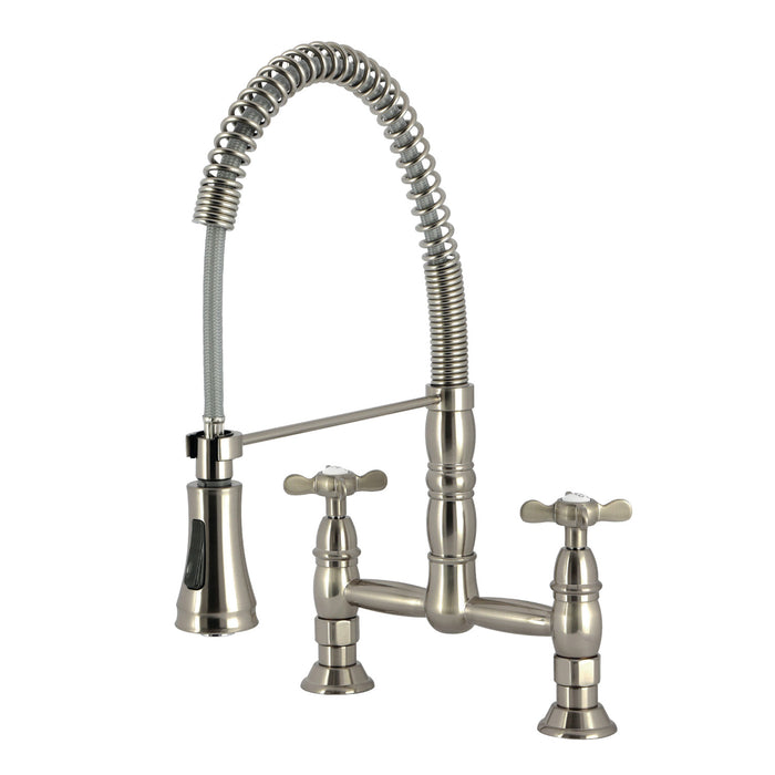 Kingston Tulare GS1278BEX - Essex Double-Handle 2-Hole Deck-Mount Pre-Rinse Bridge Kitchen Faucet, Brushed Nickel
