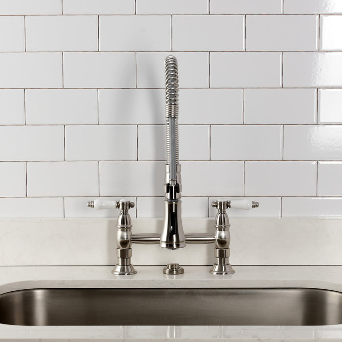 Kingston Tulare GS1278BPL - Bel-Air Double-Handle 2-Hole Deck-Mount Pre-Rinse Bridge Kitchen Faucet, Brushed Nickel