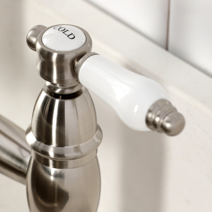 Kingston Tulare GS1278BPL - Bel-Air Double-Handle 2-Hole Deck-Mount Pre-Rinse Bridge Kitchen Faucet, Brushed Nickel