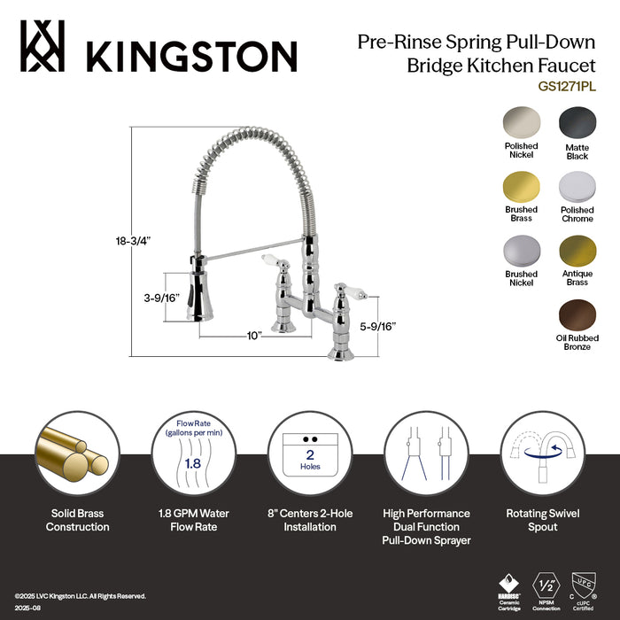 Kingston Tulare GS1278PL - Heritage Double-Handle 2-Hole Deck-Mount Pre-Rinse Bridge Kitchen Faucet, Brushed Nickel