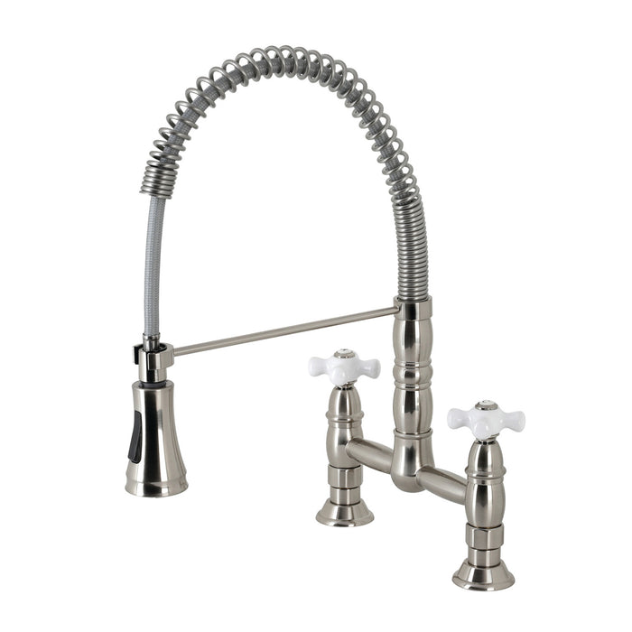 Kingston Tulare GS1278PX - Heritage Double-Handle 2-Hole Deck-Mount Pre-Rinse Bridge Kitchen Faucet, Brushed Nickel